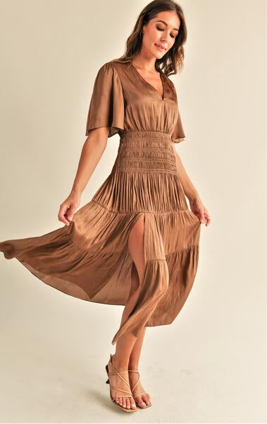 reset silk dress Reset Vera Faux Leather Midi Dress Medium (6/8) / Camel