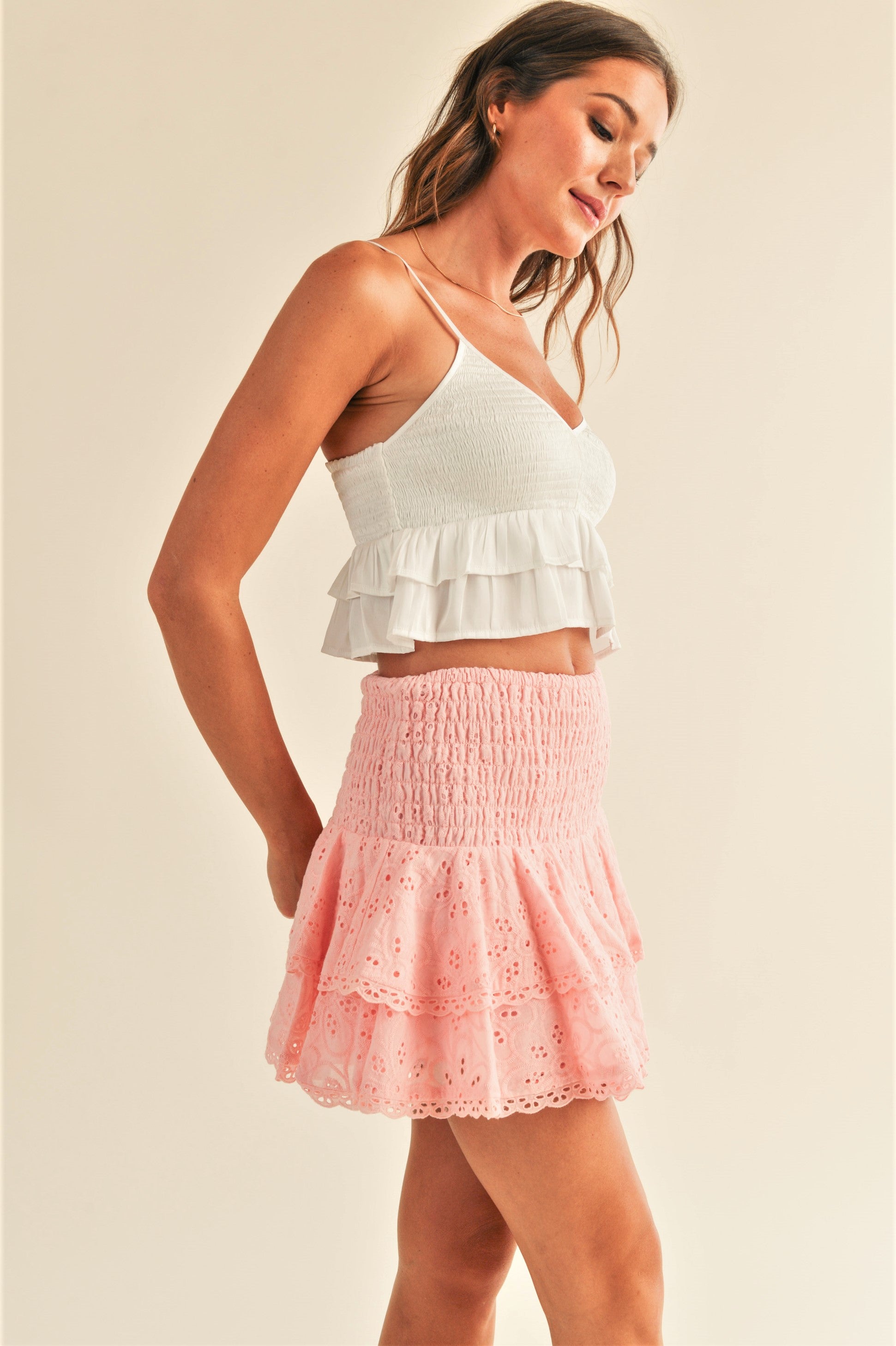 Taylor Eyelet Smocked Mini Skirt