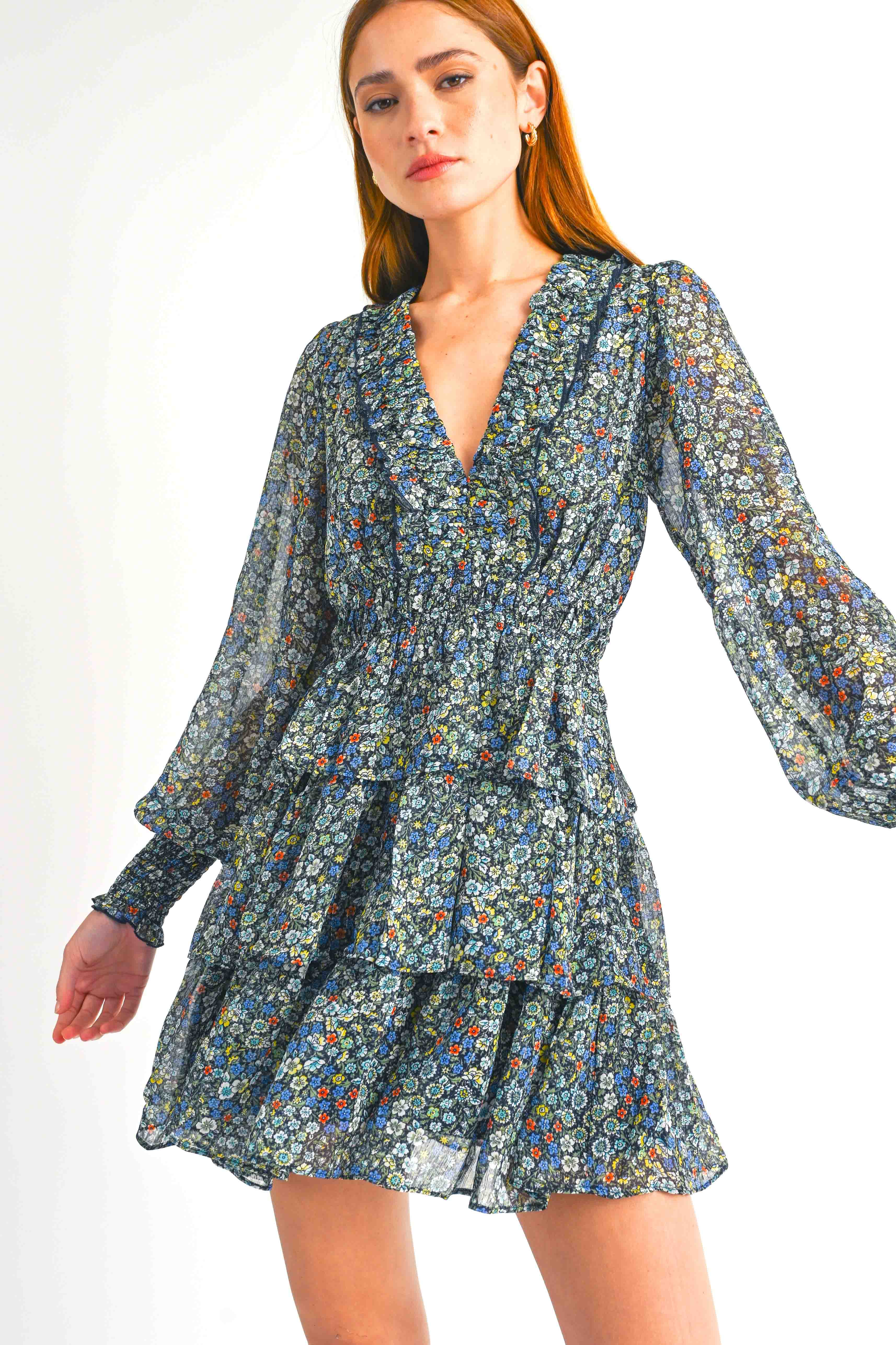 Tasha Long Sleeve Floral Layered Dress