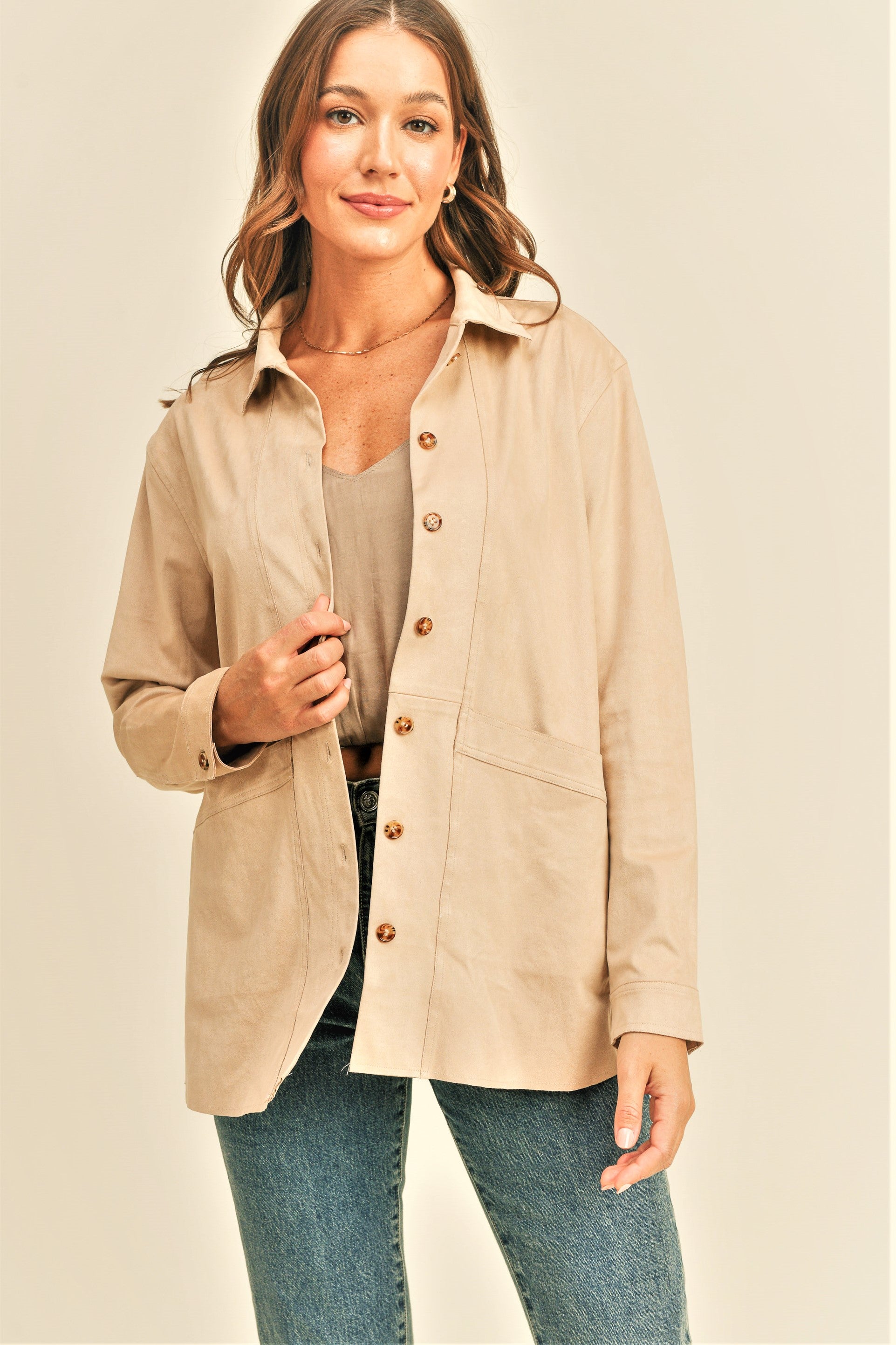 Faux Suede Button-Up Jacket